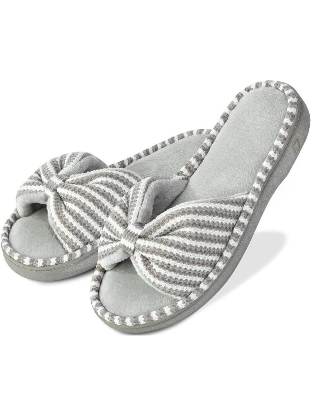Women's Grey Memory Foam Open Toe Slide Slippers with Cute Bow and Slip-on